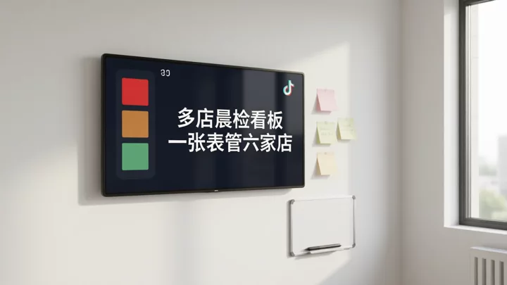 辦公室牆面監控看板，左側六色狀態方塊對應六家店鋪 SPS 分數，右側便利貼為待辦事項卡片