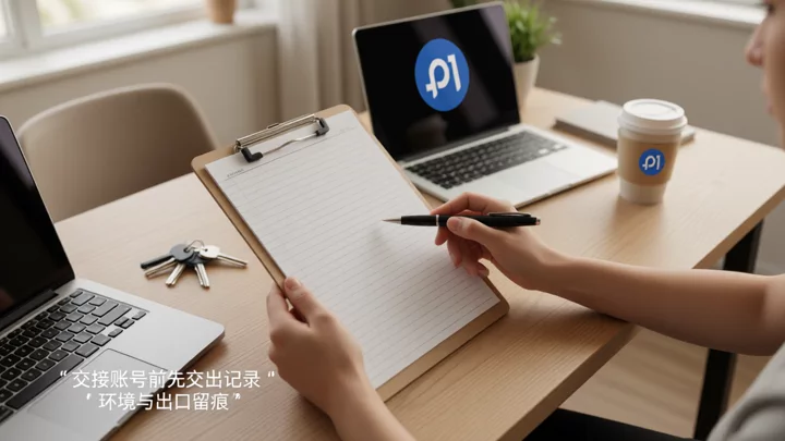 办公桌前两位同事交接一份空白记录表与一支笔，旁边放着一台合起的笔记本电脑和一串钥匙
