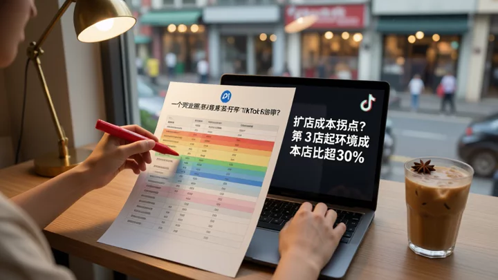 A seller calculating multi-store monthly cost breakdown in a Bangkok office, with Vietnamese coffee and a colorful cost comparison chart on the desk