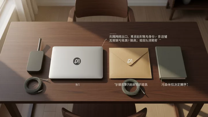 On a dark tabletop, a router, a closed laptop, a sealed envelope, and a notepad are arranged in sequence; the four items are independent of one another and do not touch.