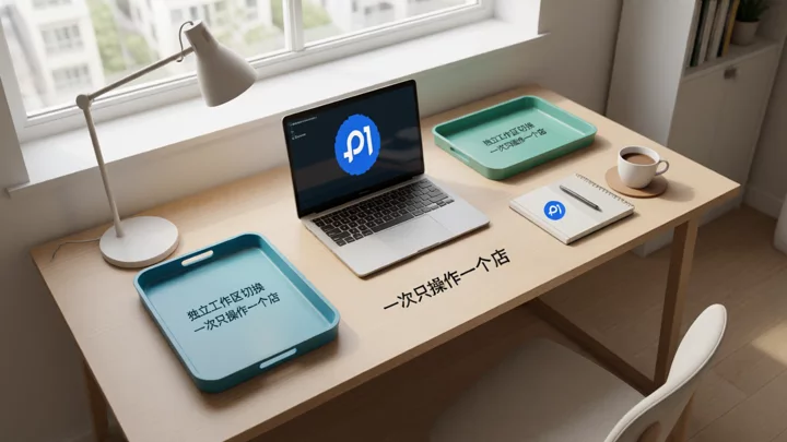 俯拍桌面上三个独立工作区，只打开其中一个托盘