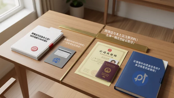 跨境店与本土店注册资料对比：左侧中国营业执照与法人证件，右侧泰国 SC 文件与护照
