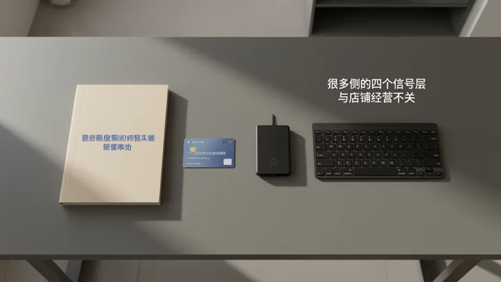桌面上并排摆放的文件夹、无品牌卡片、便携路由器与键盘，对应账户侧的主体、支付、环境与操作四类信号