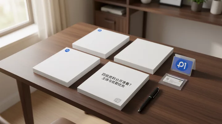 The four sets of registration materials are placed on the desk in separate piles by entity, payment collection, fulfillment, and local contact