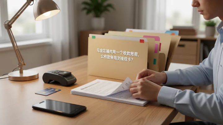 财务人员在桌面上把银行流水与不同颜色的文件夹分开整理，旁边放着一张银行卡和读卡器