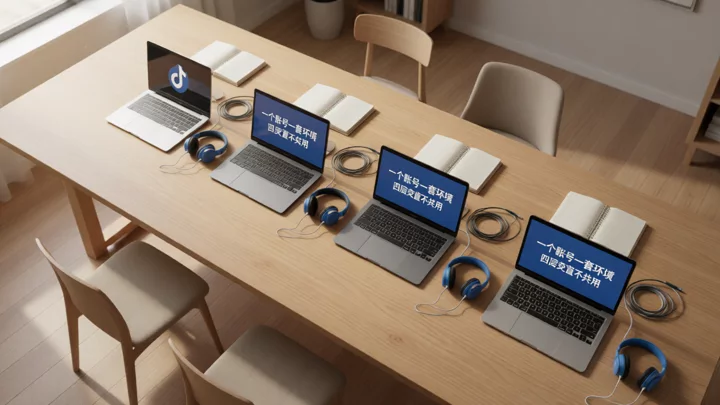 Four laptops and headsets, each placed independently, correspond to the respective login environments of the four accounts.
