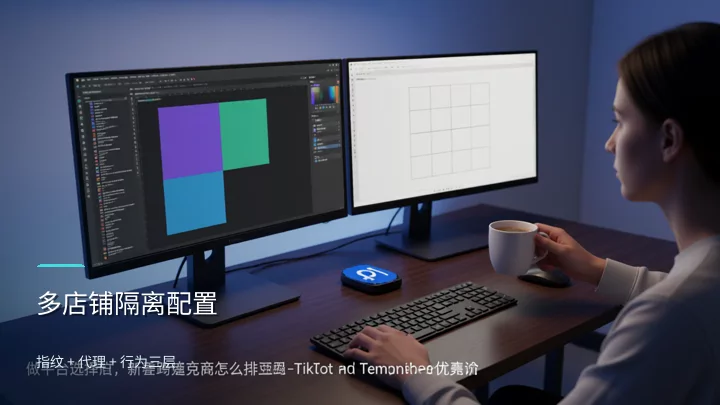 双屏工作台上,左侧屏幕运行隔离环境配置界面,右侧为运营数据面板,示意多店铺并行操作场景