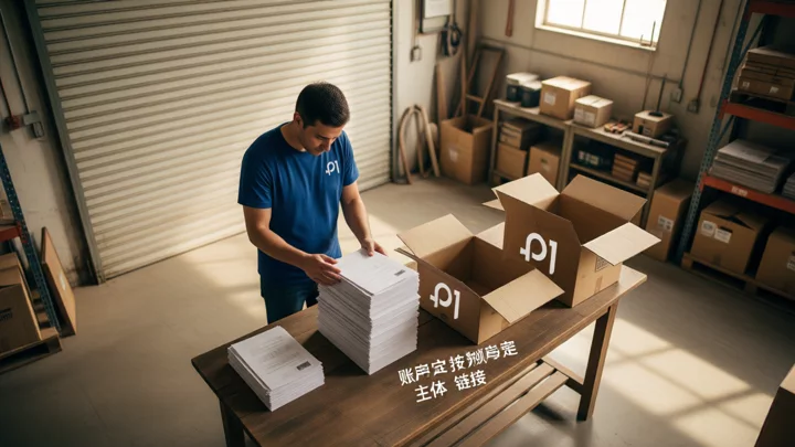 卖家在仓库工作台前依次核对文件与三只待发纸箱