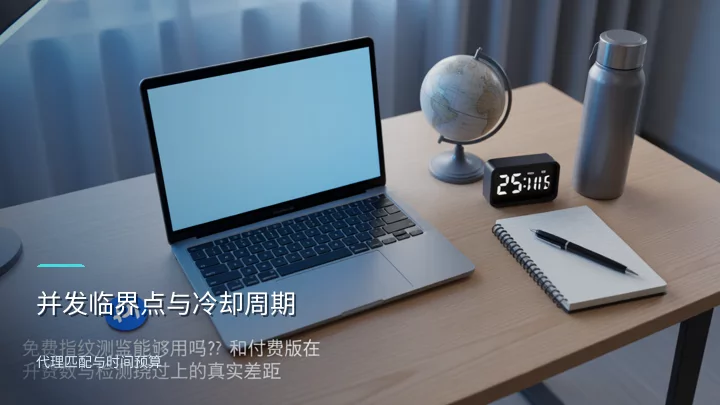 多 profile 并发场景下的工作桌面：世界地球仪、模拟计时器和笔记本暗示代理地理匹配与冷却周期