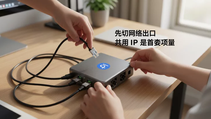手把一根网线插入独立端口，代表先为每个店铺切断共用网络出口