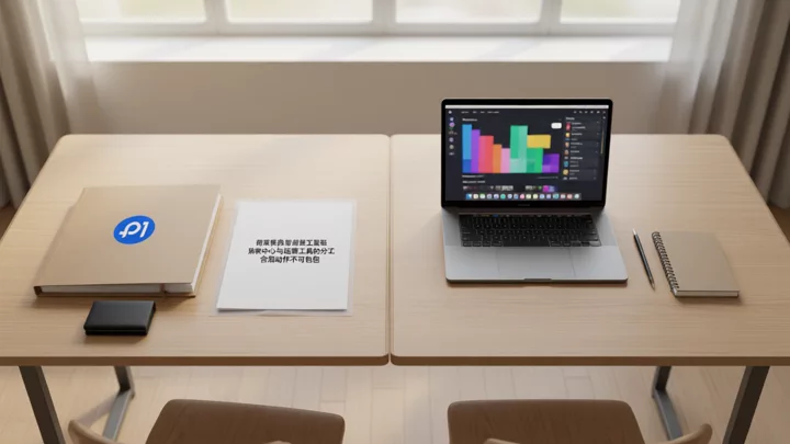 On the left side of the desk are entity documents and payment collection files, while on the right is a laptop used for batch operations, illustrating the division of labor between Seller Center and operations tools.