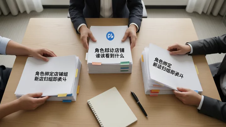两人在会议桌前把店铺资料按颜色文件夹分成三组