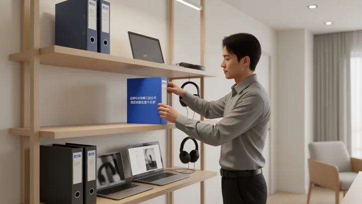In the operations room, the three-tier shelves hold folders, notebooks, and headsets respectively, corresponding to the three-tier grouping of brand, site, and store.