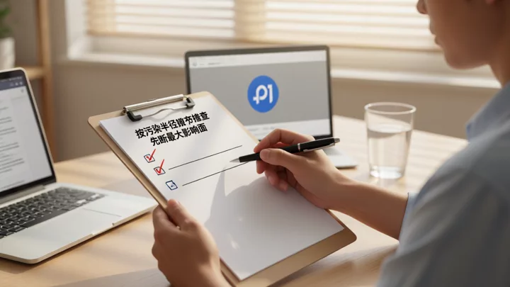 投放人员手持笔在纸面清单上自上而下逐项勾选，示意图示按污染半径排序的排查动作