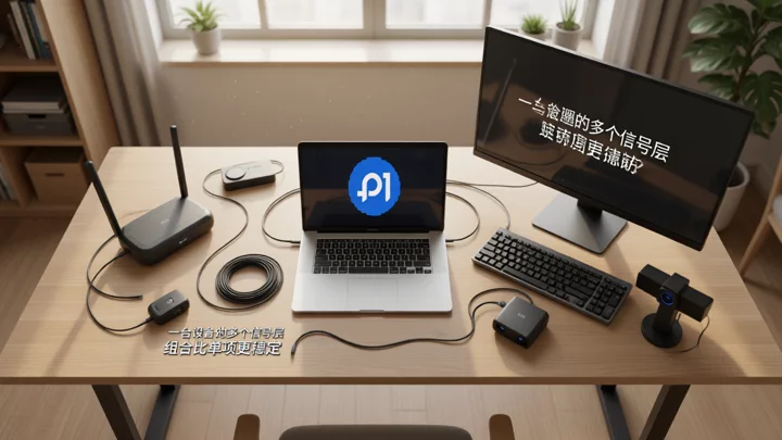 A laptop connected to a router, an external monitor, a keyboard, and an audio device shows that the same device is composed of multiple independent components across layers.