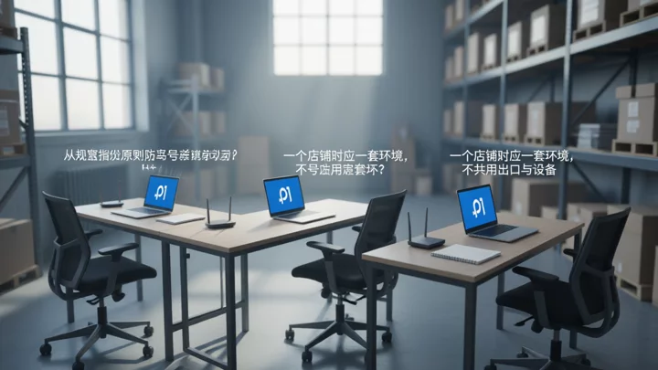 In a small warehouse office area, three separate workstations, each equipped with its own laptop, router, and paper logbook