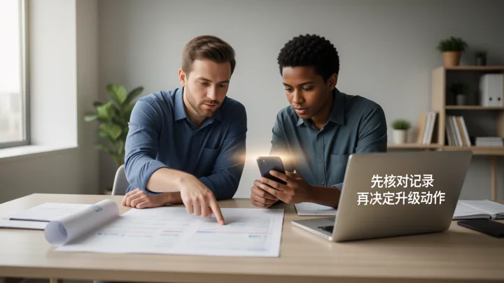Two operations staff are verifying printed login records at their workstations and checking phone notifications, with their laptops closed to the side and operations paused