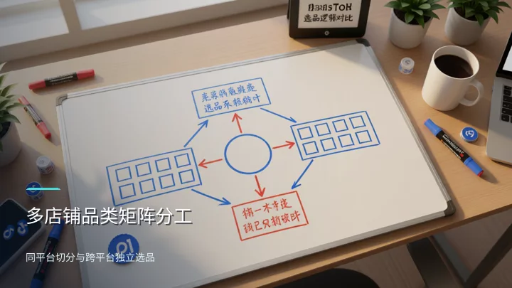 多店铺品类矩阵分工示意图：同平台多店按品类切分，跨平台按决策链独立选品