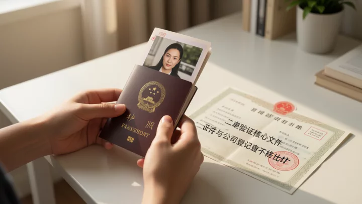 法人护照与公司营业执照并排放置在办公桌上，暗示二审交叉验证场景