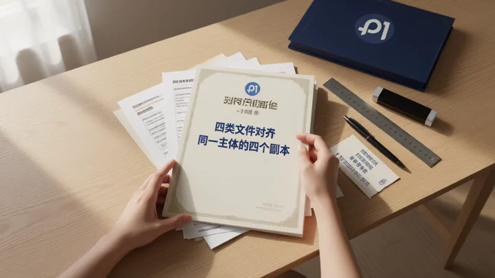 双手在木桌上把公司注册文件、税务表格、银行对账单和快递单据四份纸张叠放对齐