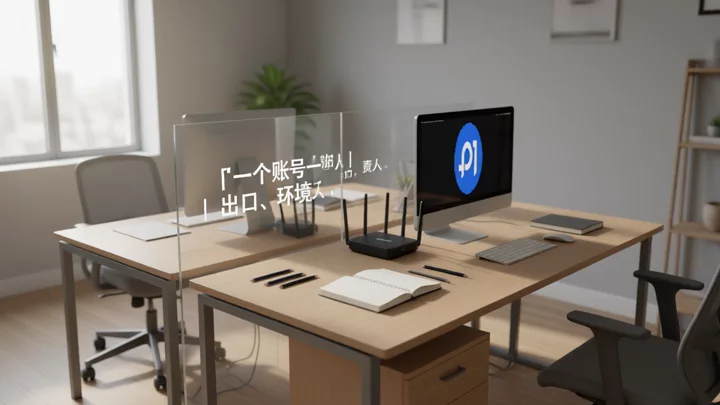 The same office is divided by a glass partition into two separate workstations, each with its own monitor, keyboard, and network equipment, used to illustrate one account per independent environment