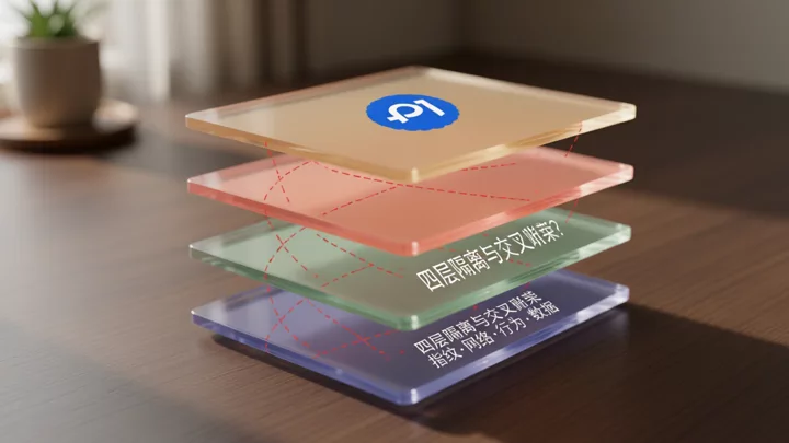 Schematic of the four-layer isolation structure: cross-contamination paths during manual switching between the fingerprint layer, network layer, behavior layer, and data layer