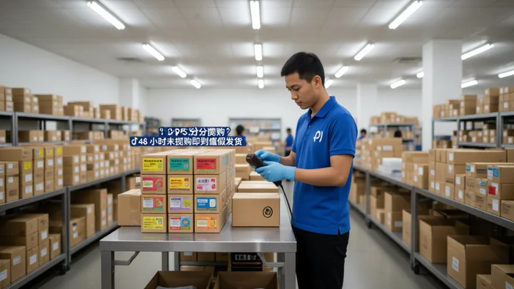 东南亚 3PL 仓库分拣台，工人扫码扫描包裹，展示本土店物流揽收环节