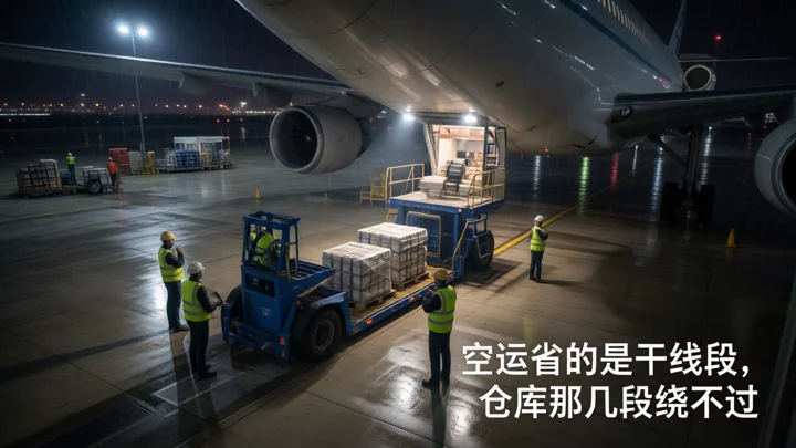 夜間機場貨運坪上正在裝機的空運貨板