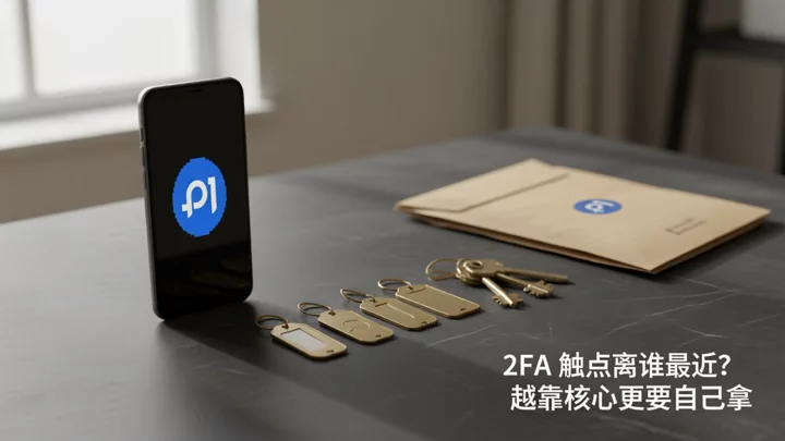 深色桌面上，一部手机旁依次排开四枚黄铜钥匙牌，越往右距离越远，背景是钥匙与未拆封的信封