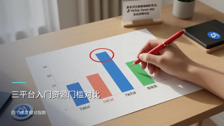 三个平台在首月资金、内容制作、供应链深度、到首单周期四个维度的入门门槛对比柱状图