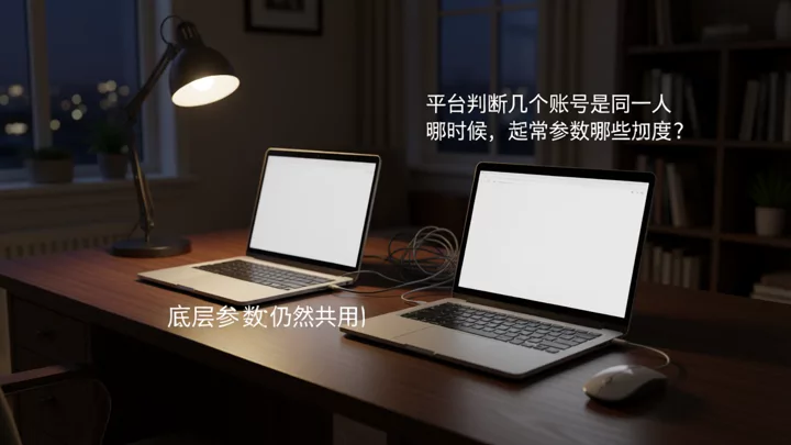 Two laptops of the same model placed side by side, one illuminated by a warm desk lamp and the other lit only by the cold light of its screen, used to depict a scenario where multiple windows share parameters under the same device environment.