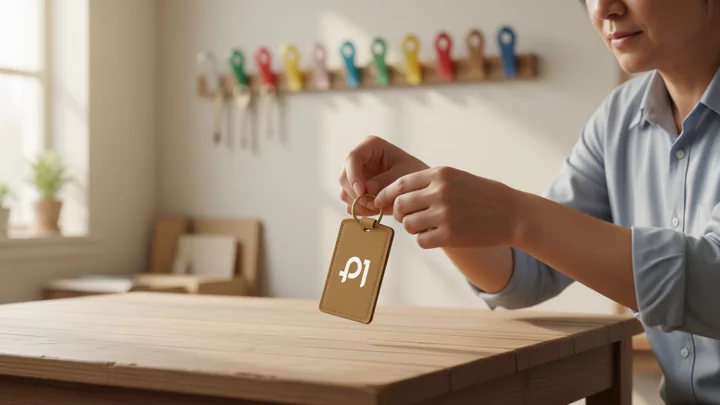 At the handover, a senior operator hands a key attached to a calfskin keychain to a new colleague, with a row of blurred colorful hooks in the background.