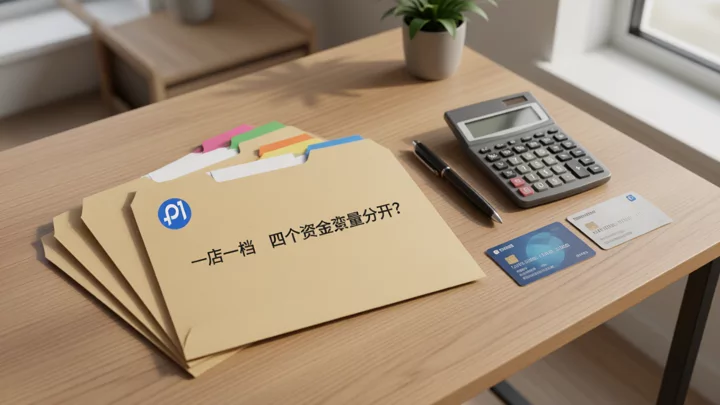 桌面上的四个文件夹被分别摆开，旁边放着两支笔、计算器和两张分开的银行卡
