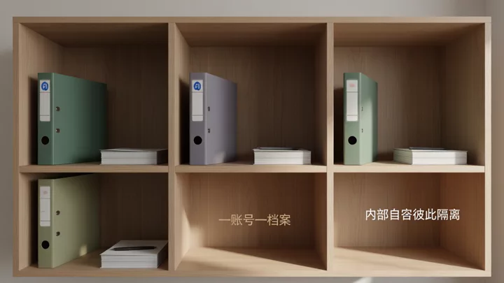 木质置物架被分成三个独立格位，每格各放一本不同颜色的档案夹和一叠文件