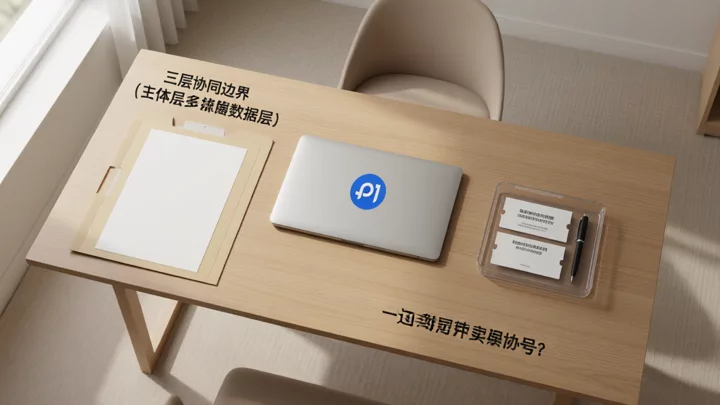 一张木桌上分成三个区域的俯拍场景，分别放着文件夹、合盖的笔记本电脑和装空白面单的托盘，对应主体层、操作层与数据层的分工。