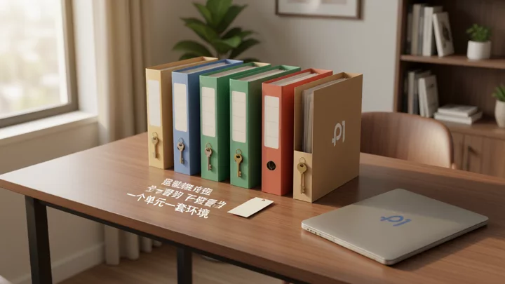 Five folders of different colors are placed side by side on the desktop, with one key in each folder, representing that one operations unit corresponds to a complete set of independent configurations.