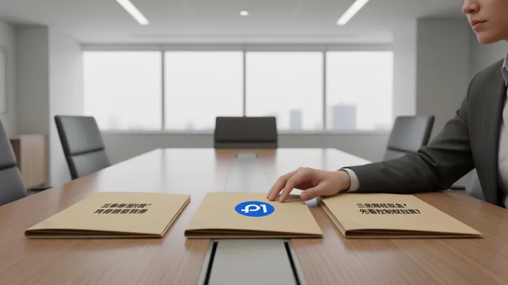 Three unlabeled folders placed side by side on a meeting table, with one hand resting on the middle one