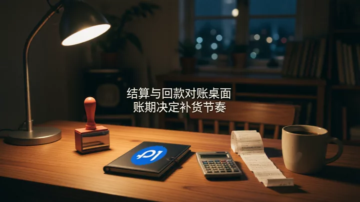 深夜木質書桌上的存摺、計算器、印章、一疊單據和一杯咖啡，檯燈從左側打出暖光