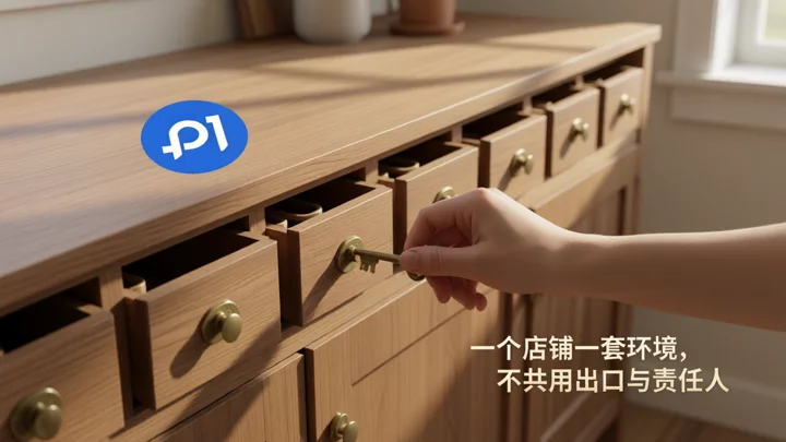 Eight independent drawers, each with its own key, of which only one is opened, corresponding to each Amazon store exclusively occupying its own login environment.