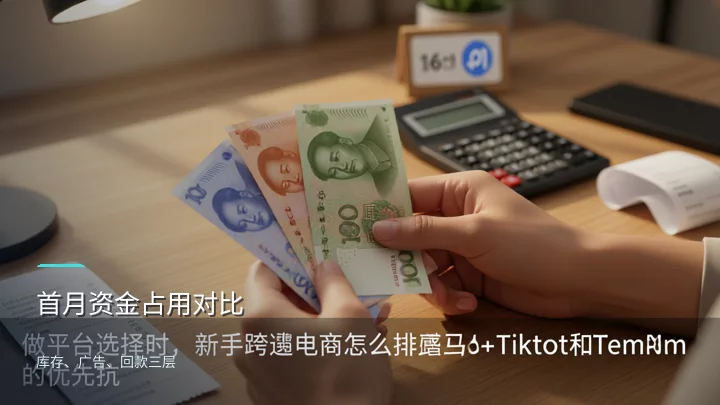 三组不同面值的纸币在计算器旁展开,对应三个平台的首月资金占用量级差异