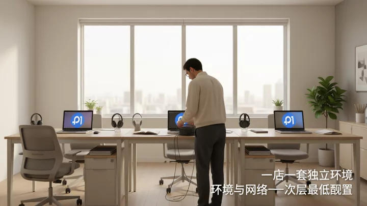 办公室内三套各自独立的工位与设备，对应一店一套浏览器环境与网络出口的隔离配置