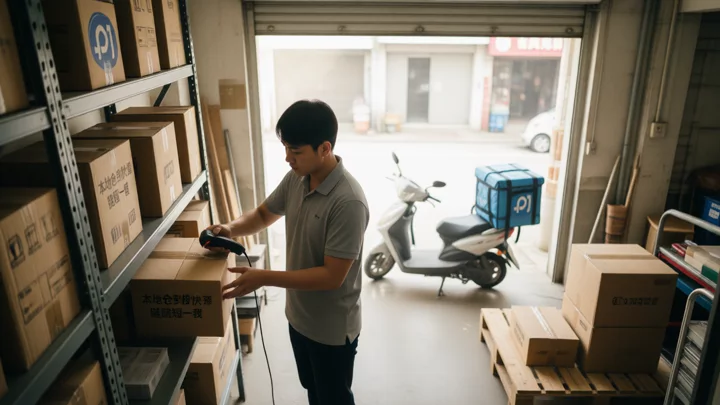 東南亞小型本地倉內，工作人員用掃碼槍掃描貨架上的紙箱，門外停著等待攬收的本地配送機車