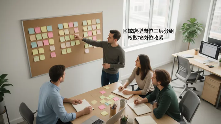 At the office whiteboard, the team discusses store ownership and permission assignment in three columns.