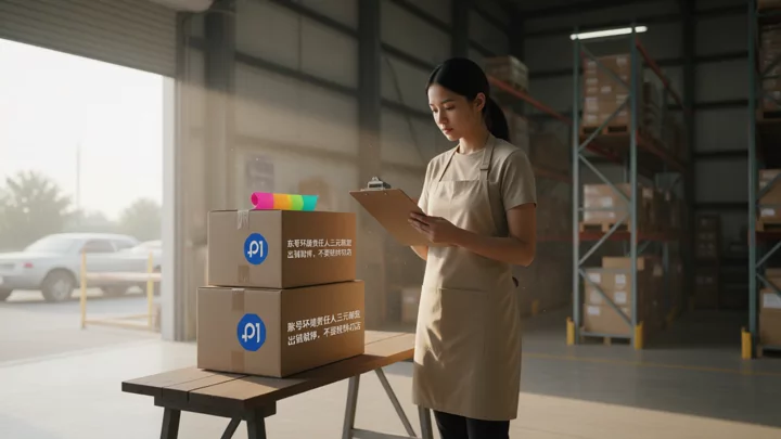 In front of the warehouse packing table, a worker holds a clipboard and checks four cartons, each with documents in different colors.