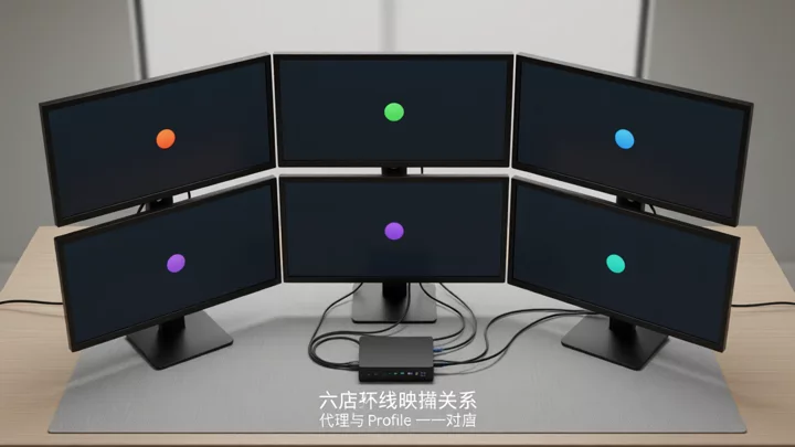 六台顯示器與中央交換器連接示意圖，代表六條獨立代理線路與六個 Profile 的映射關係