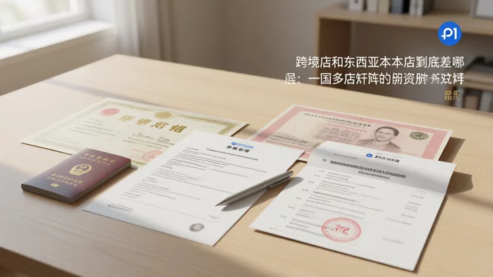 跨境店与本土店注册资料并排对照：左侧中国营业执照与跨境物流合同，右侧泰国本地税号、泰铢银行流水与 3PL 合同