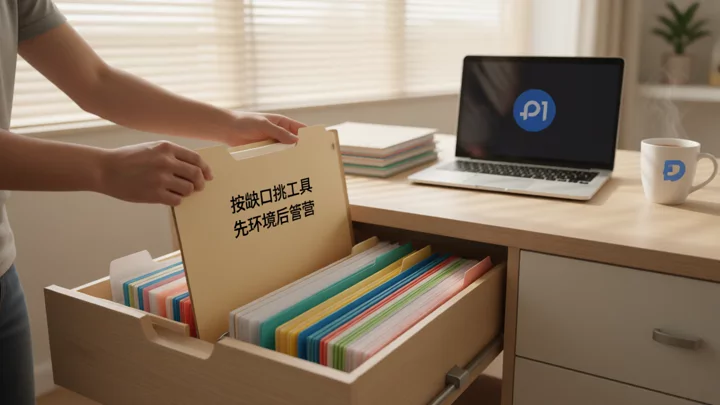 双手从装满彩色文件夹的抽屉中抽出一份，旁边桌上放着已挑好的几份