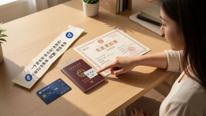 四份文件按验证层级排列：护照、营业执照、银行卡、物流面单，手指指向护照有效期区域
