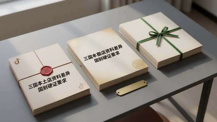 三份不同国别的公司注册与税务文件并列摆放