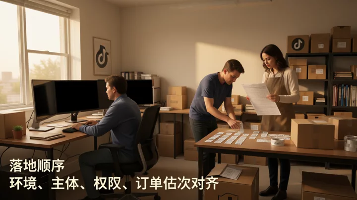 三名跨境电商团队成员在办公室内分别处理环境配置、打包标签与流程核对